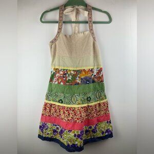 Lulumari Halter Dress Boho Tiered Mixed Print Summer Embroidered Colorful Size S